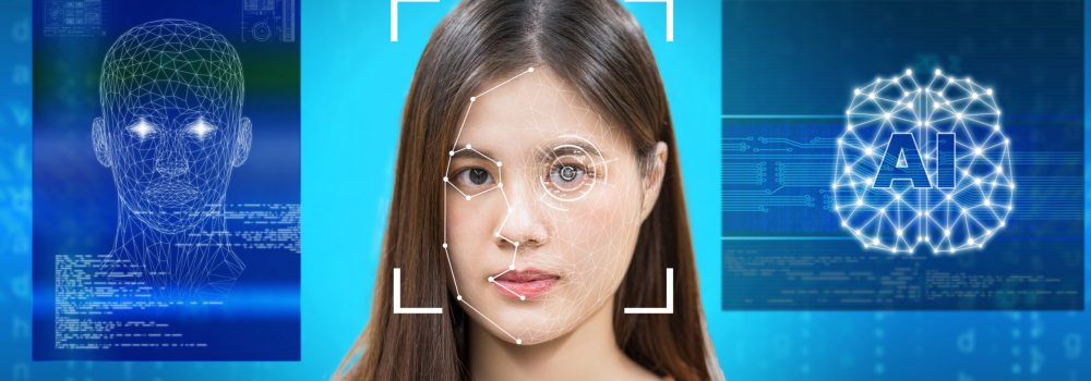 surveillance and safety concept, Asian women using Face detection and Facial Recognition technology with AI and Brain platform for access permission