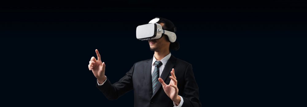 Idea. businessman wearing VR virtual reality headset hand touching virtual screen on dark background, technology, innovation, networking security, digital, internet, communication, metaverse concept