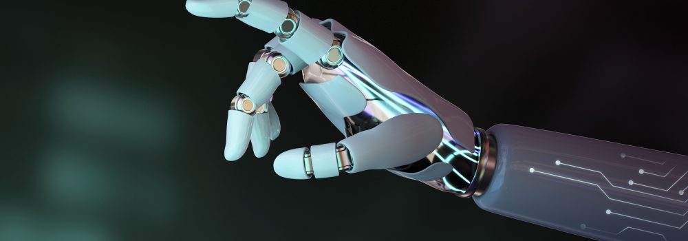 Robot hand finger pointing, AI technology background